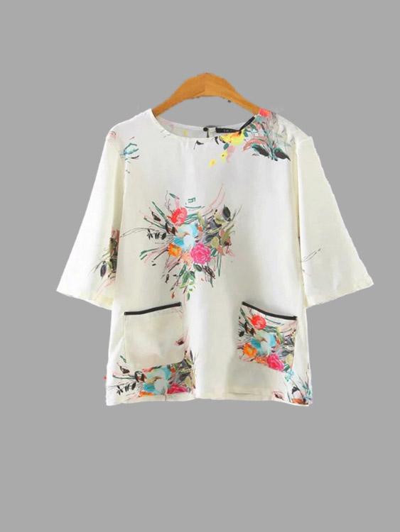 Round Neck Floral Print Half Sleeve Slit Hem T-Shirts