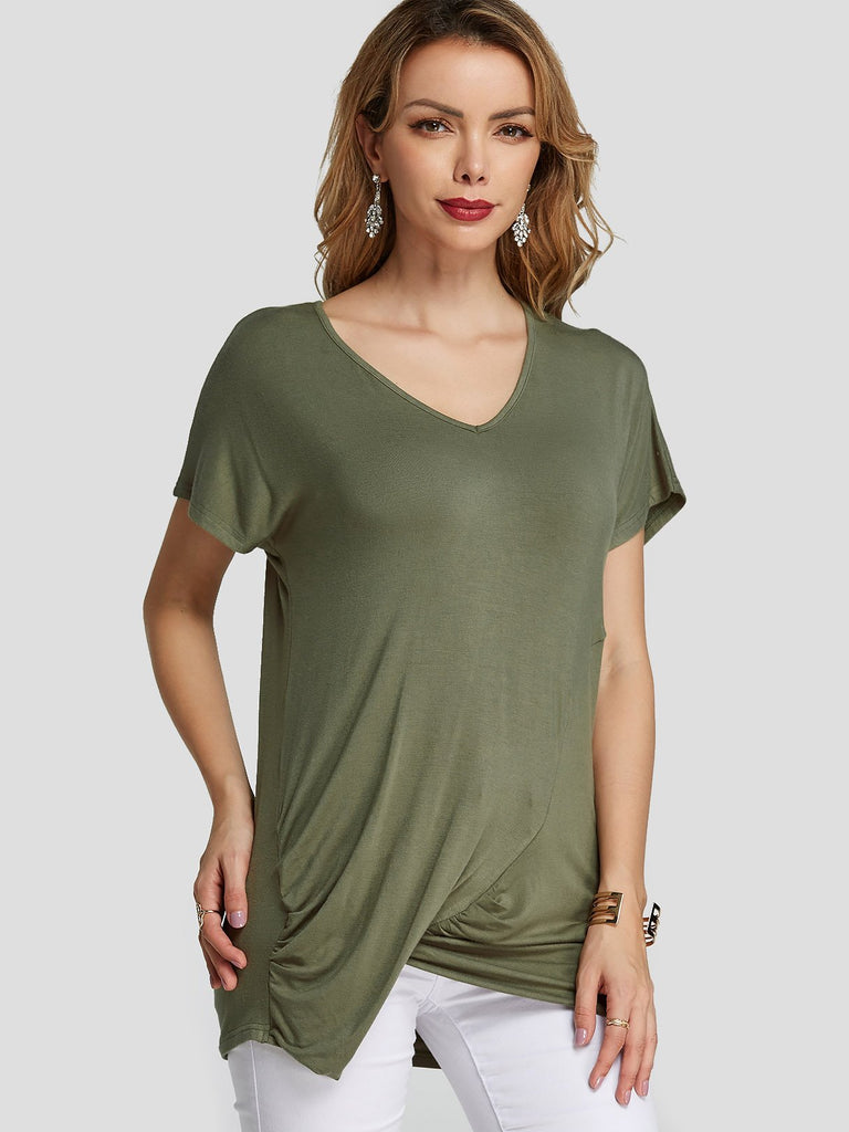 V-Neck Pleated Short Sleeve Irregular Hem Army Green T-Shirts