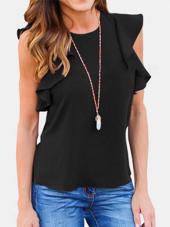 Ruffle Trim Round Neck Short Sleeves Top