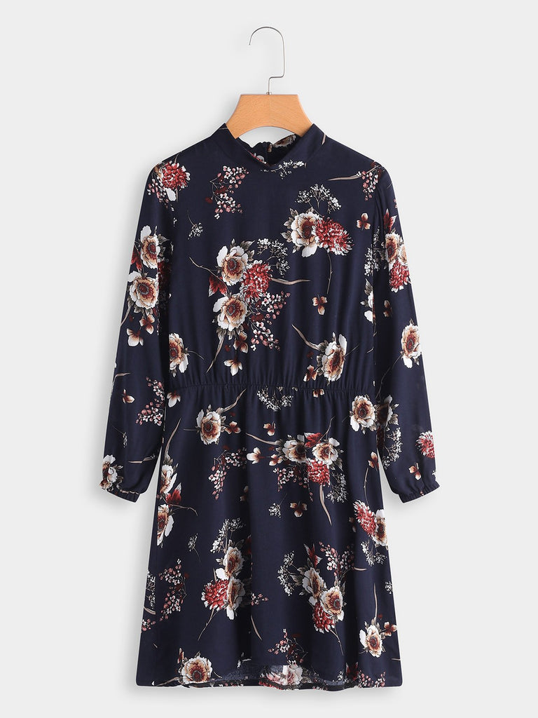 Navy Long Sleeve Floral Print Mini Dress