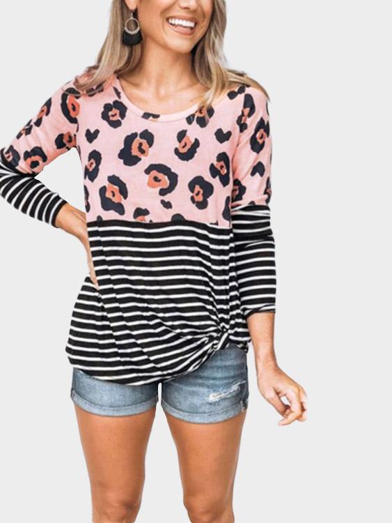 Round Neck Stripe Leopard Long Sleeve T-Shirts