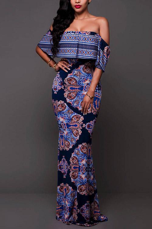 Off The Shoulder Sleeveless Tiered Backless Navy Maxi Dress