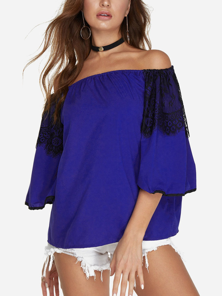 Off The Shoulder Lace Half Sleeve Blue Blouses