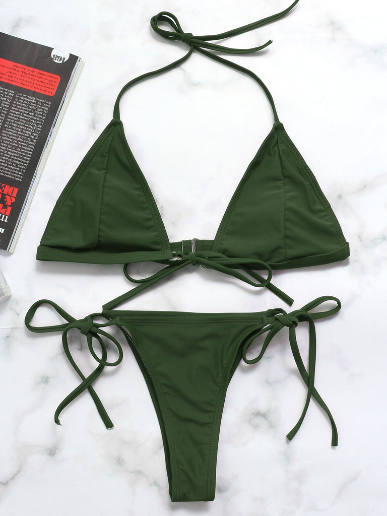 Green V-Neck Plain Tie-Up High-Waisted Two Piece Bikinis