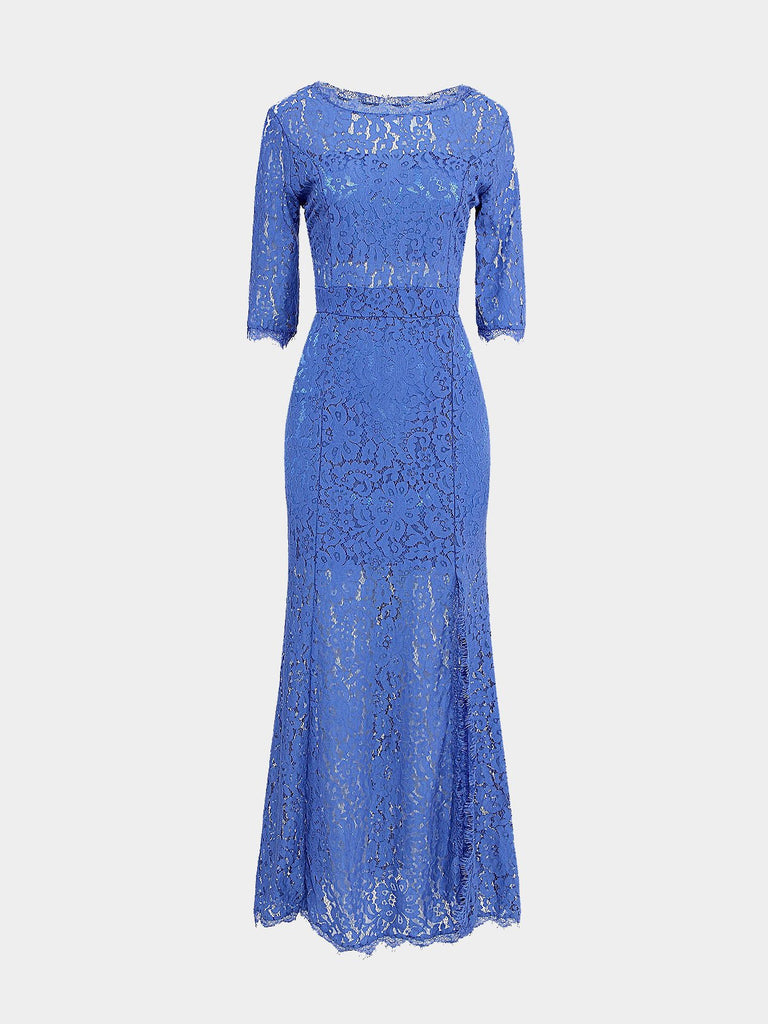 Blue Half Sleeve Plain Lace Slit Hem Maxi Dresses