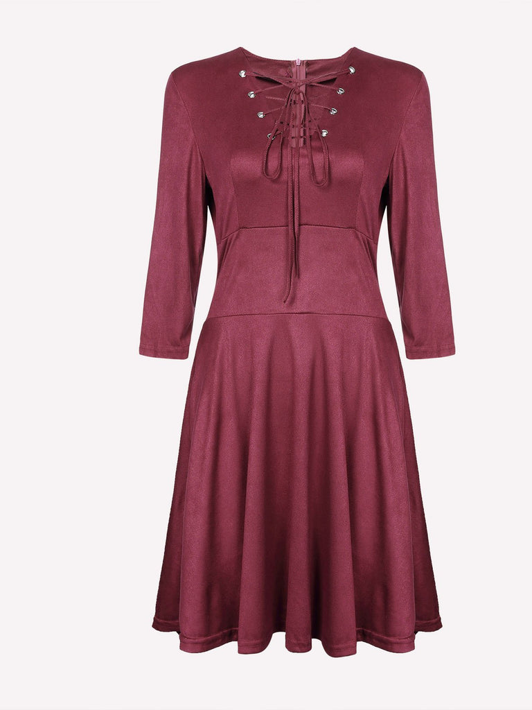 V-Neck Lace-Up 3/4 Length Sleeve Plum High Waist Casual Dresses