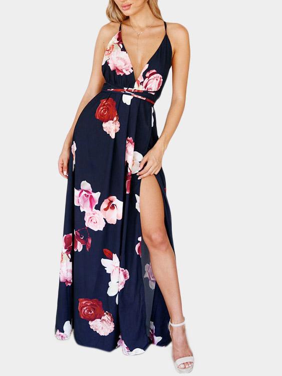 V-Neck Sleeveless Backless Slit Hem Dresses