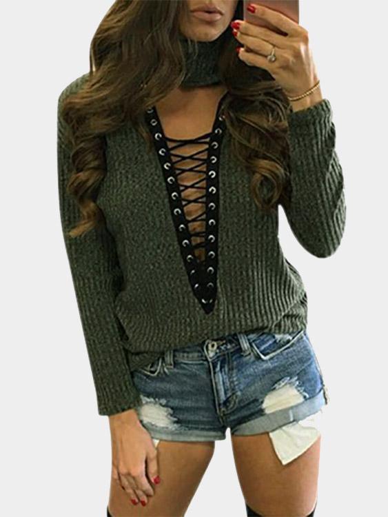 V-Neck High Neck Long Sleeve Army Green Top