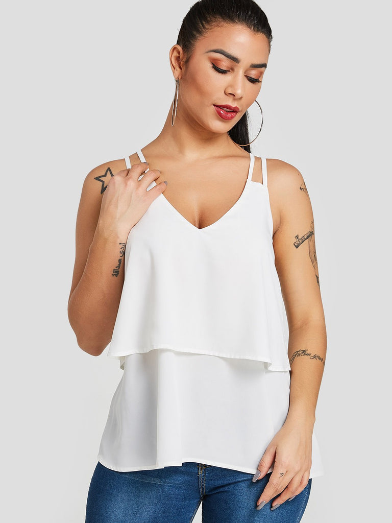 V-Neck Tiered Spaghetti Strap Sleeveless White Camis