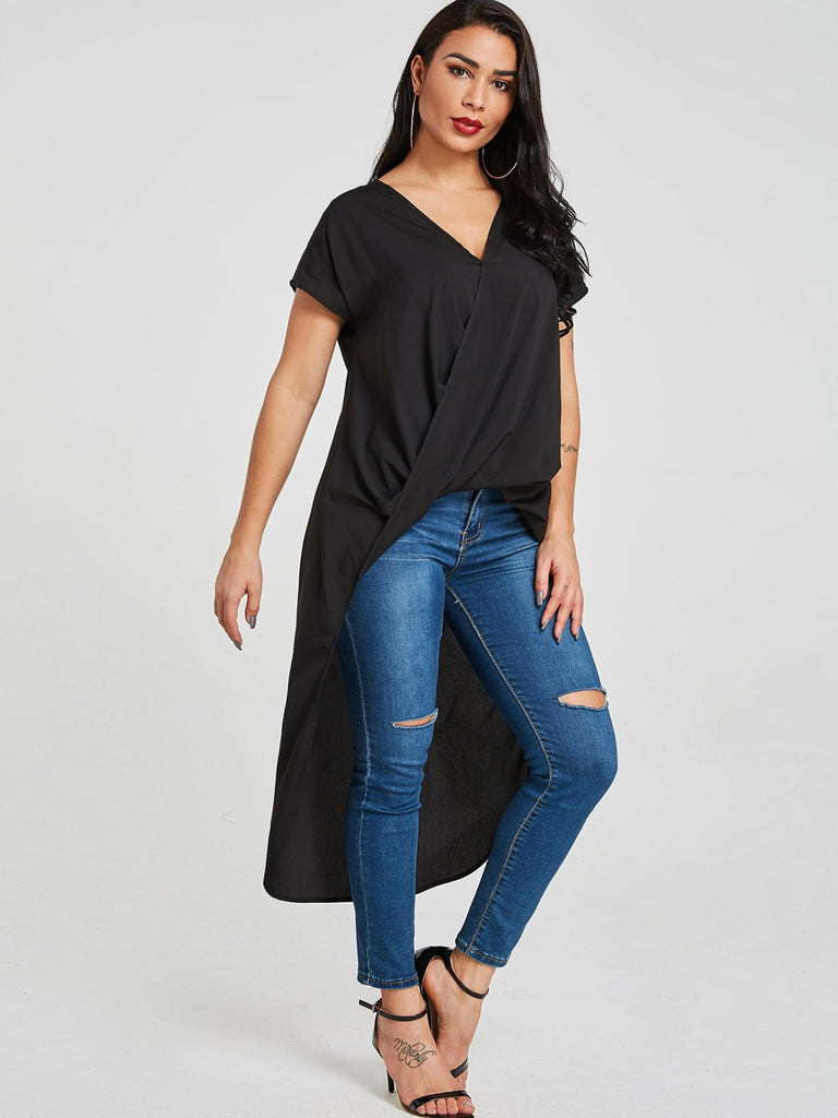 V-Neck Crossed Front Short Sleeve Black Blouses