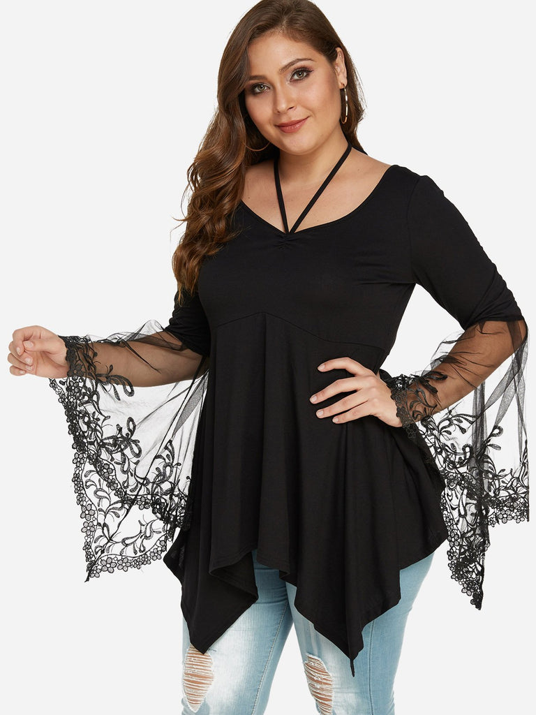 Scoop Neck Plain Lace Lace-Up Long Sleeve Irregular Hem Black Plus Size Tops