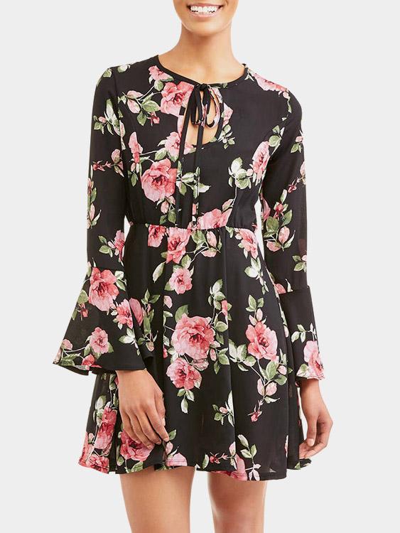 Black Pullover Long Sleeve Floral Print Mini Dresses
