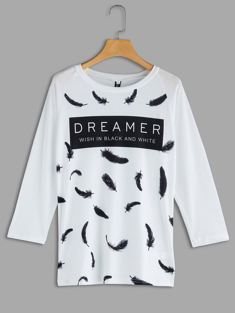 Crew Neck Letter Printed Long Sleeve White T-Shirts