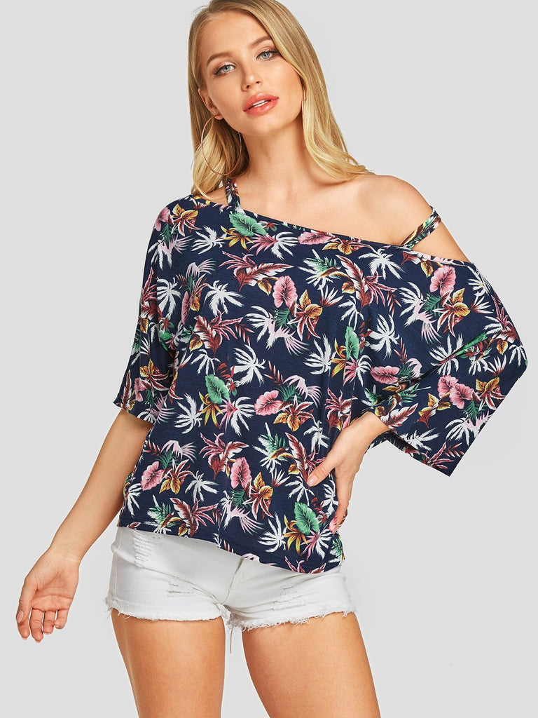 Off The Shoulder Floral Print Backless 3/4 Sleeve Navy T-Shirts