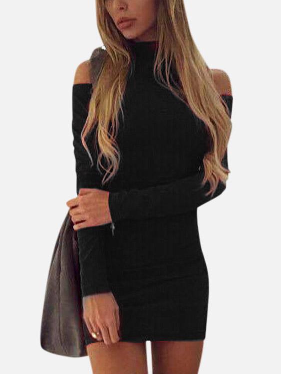 High Neck Cold Shoulder Plain Long Sleeve Black Mini Dress