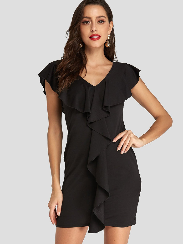 Black V-Neck Short Sleeve Plain Zip Back Mini Dresses