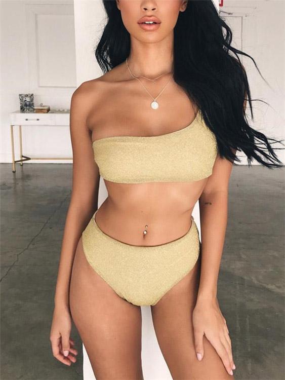 Asymmetrical One Shoulder Gold 2 Piece Bikini