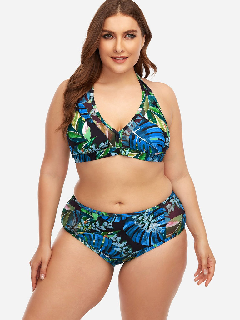 Halter V-Neck Floral Print Lace-Up Sleeveless Plus Size Swimwear