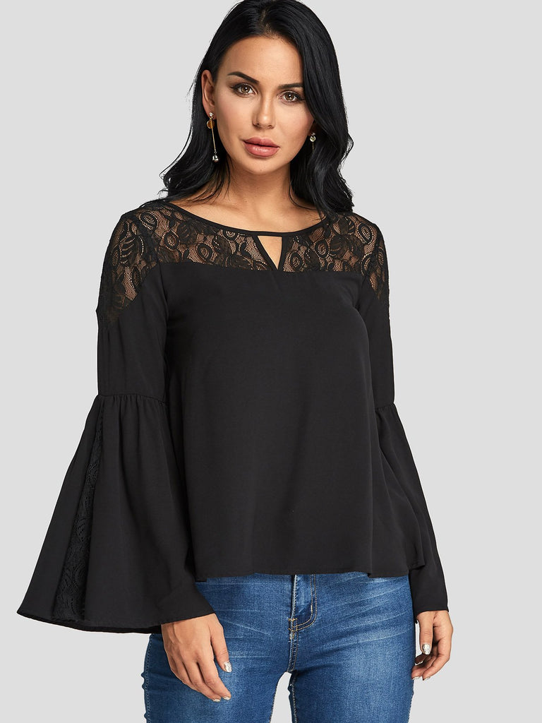 Round Neck Plain Lace Hollow Long Sleeve Black Blouses