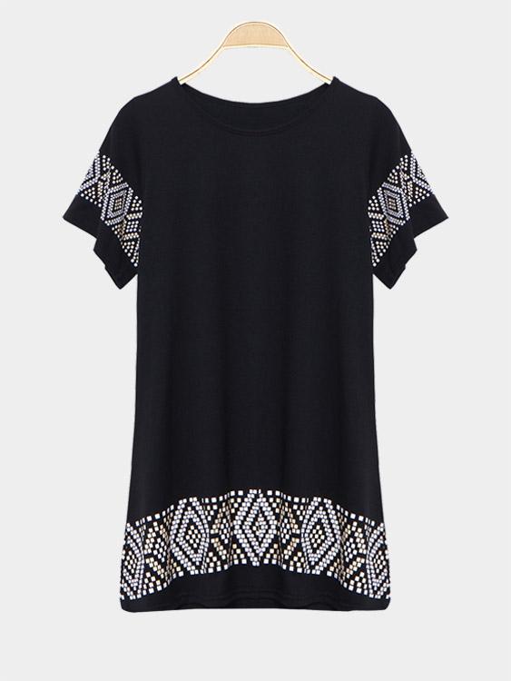 Black Short Sleeve Geometrical Casual Dress