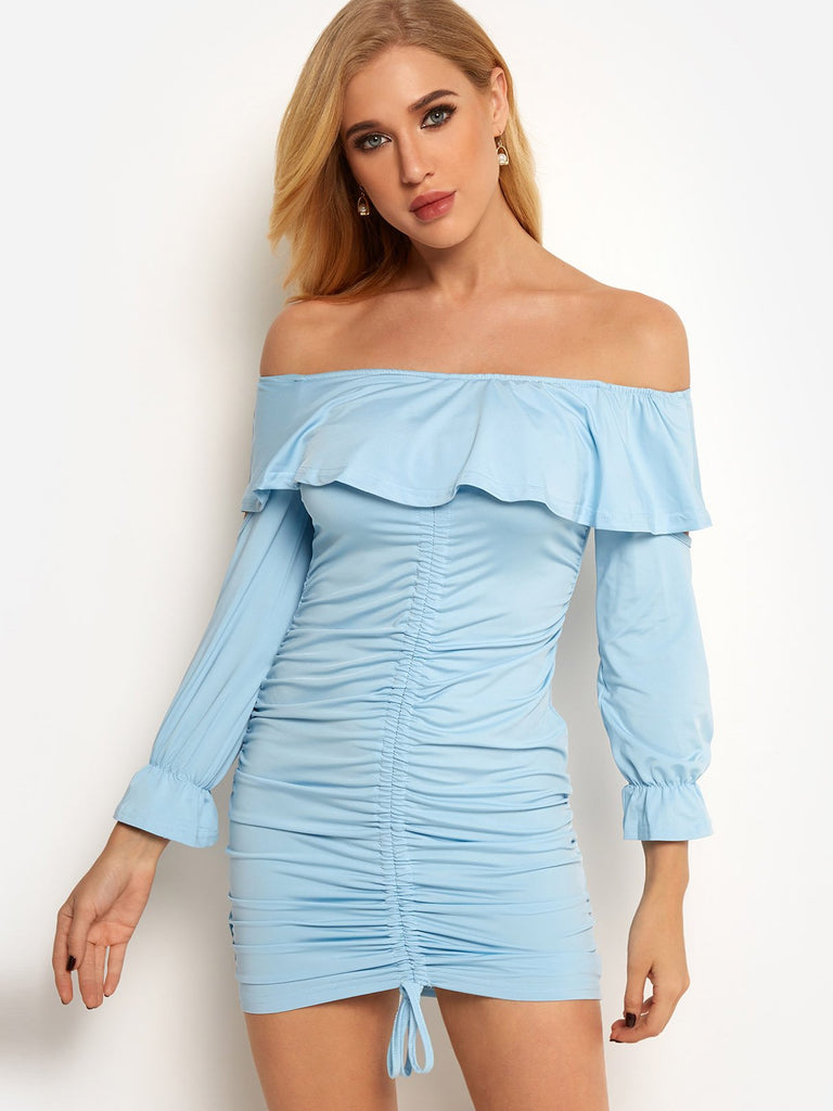 Frill Neck Off The Shoulder Long Sleeve Plain Backless Cut Out Pleated Dresses