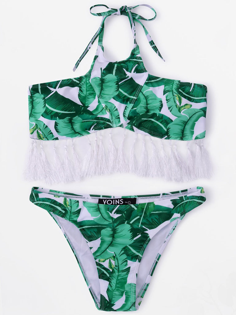 Green Printed Tassel Pleated Two Piece Bikinis
