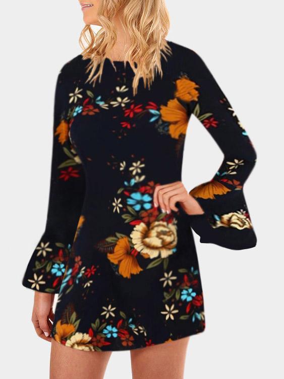 Black Long Sleeve Round Neck Floral Print Mini Dresses