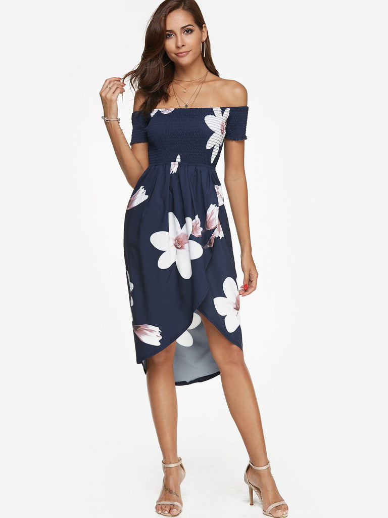 Off The Shoulder Short Sleeve Floral Print Backless Slit Hem Dresses