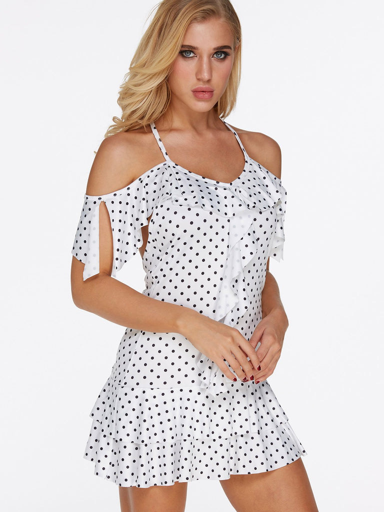 White Scoop Neck Sleeveless Polka Dot Backless Tie-Up Ruffle Trim Beachwear