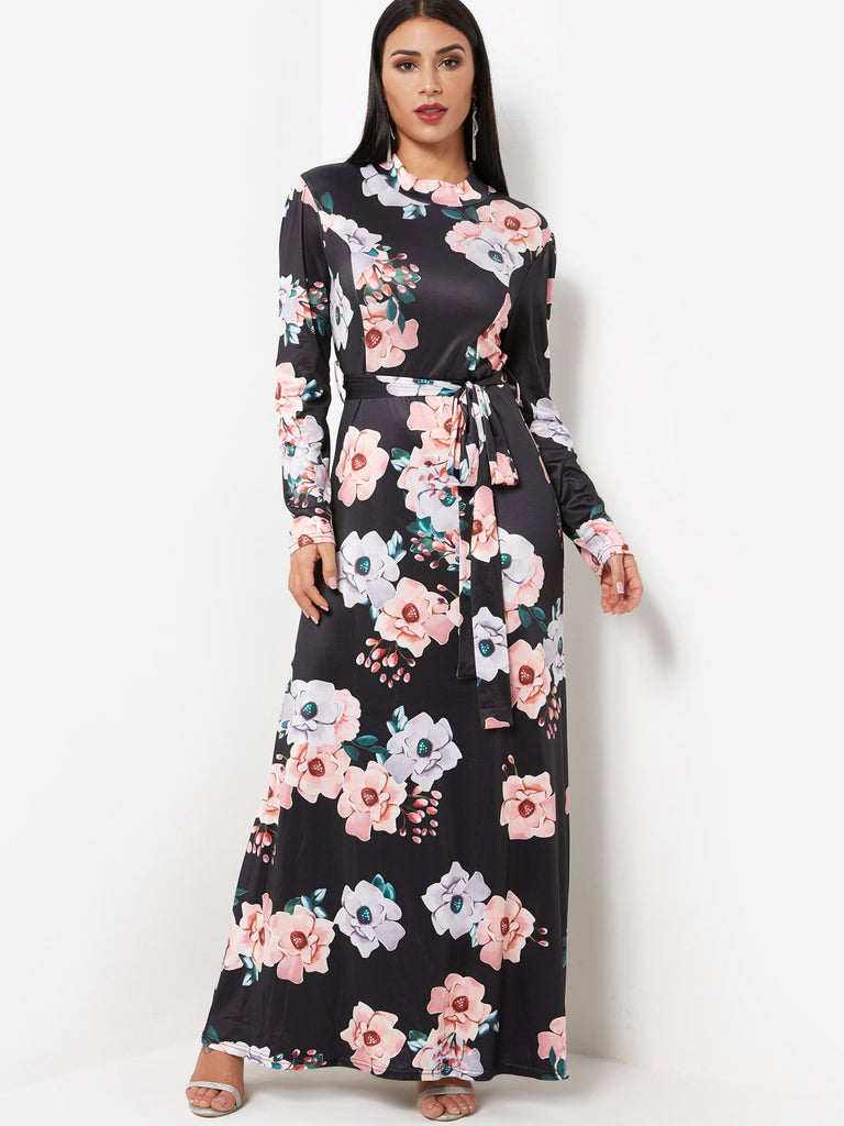 Black Round Neck Long Sleeve Floral Print Zip Back Maxi Dress