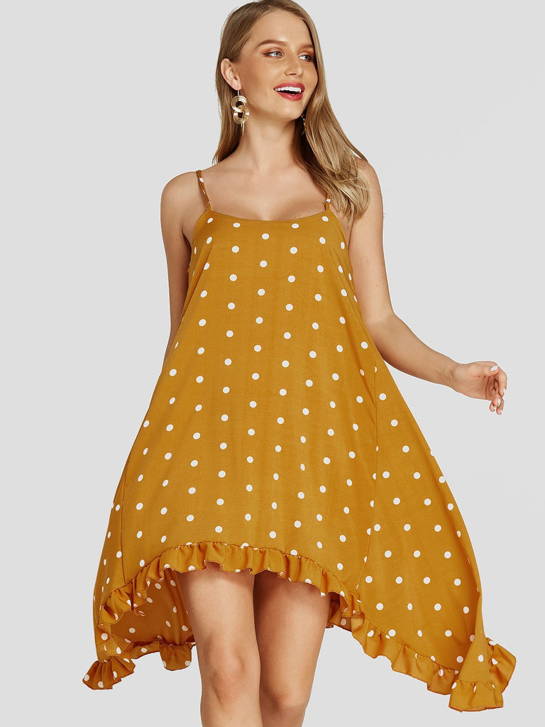 Yellow Sleeveless Polka Dot Spaghetti Strap Flounced Hem Casual Dresses