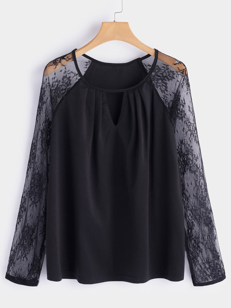 Round Neck Lace Cut Out Long Sleeve Black Fashion T-Shirt