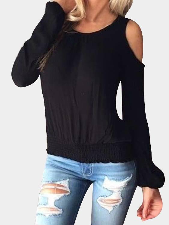 Round Neck Cold Shoulder Plain Cut Out Long Sleeve Black T-Shirts