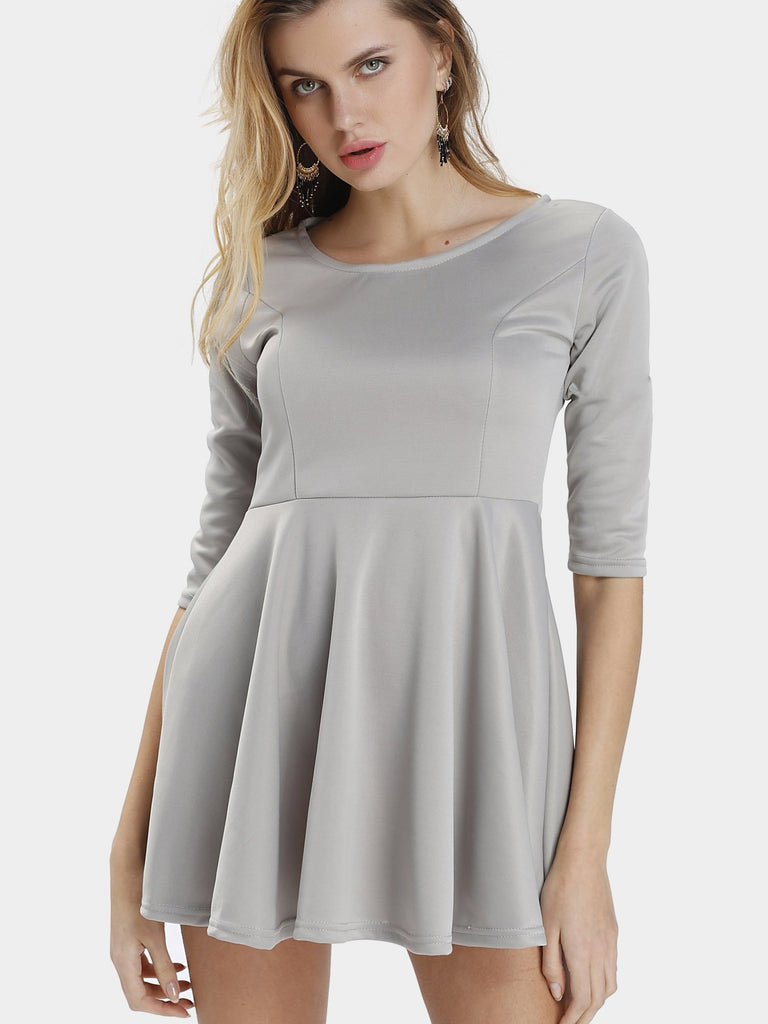 Round Neck 3/4 Sleeve Length Plain Zip Back Mini Dresses