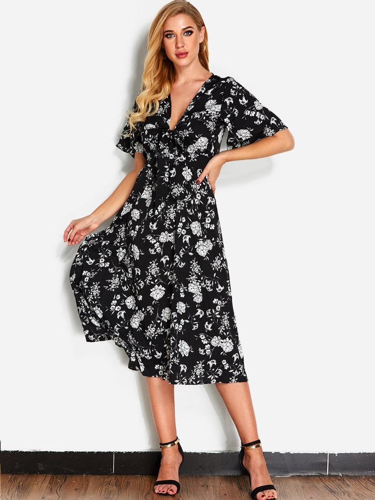 Black Deep V Neck Half Sleeve Floral Print Dresses