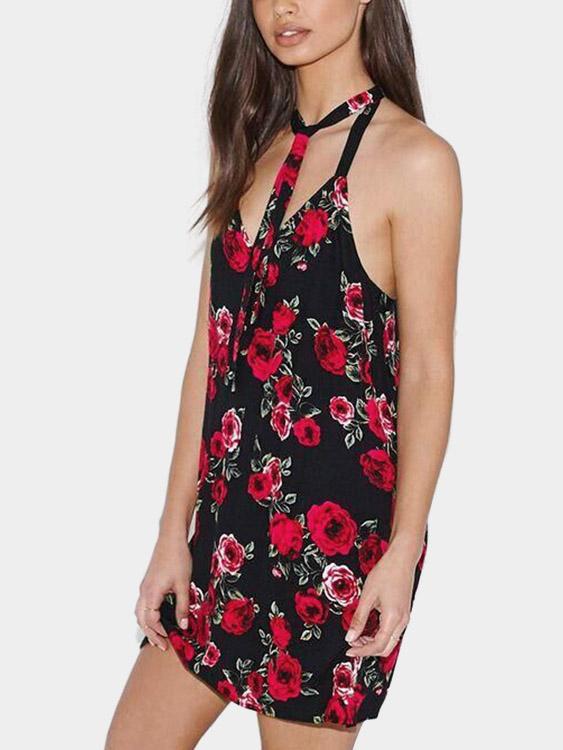 Strapless Deep V Neck Sleeveless Floral Print Backless Dresses