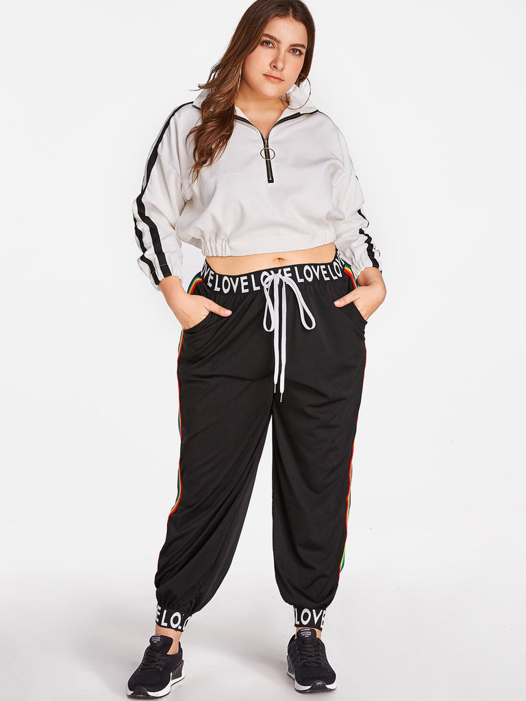 Stripe Letter Side Pockets Black Plus Size Bottoms