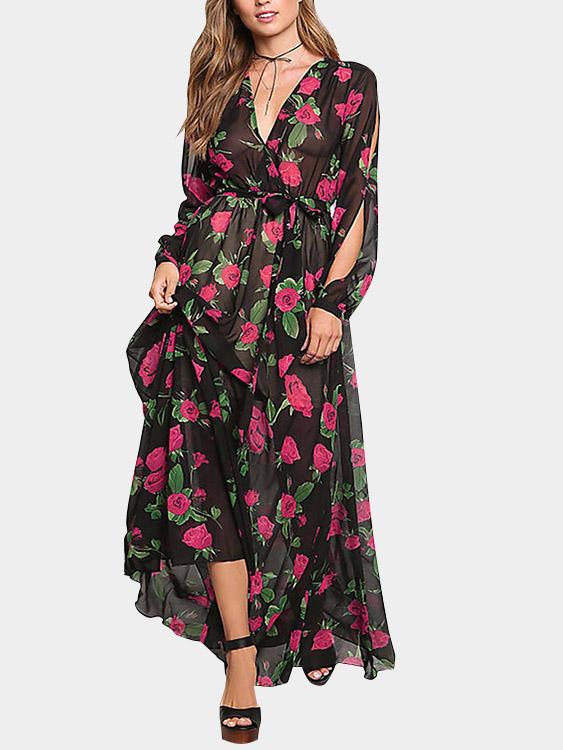 Black V-Neck Long Sleeve Floral Print Cut Out Dresses