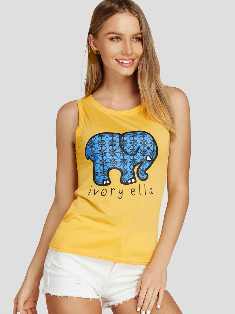 Round Neck Printed Sleeveless Yellow T-Shirts