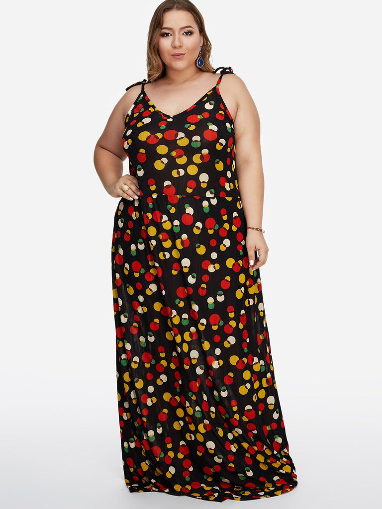 V-Neck Polka Dot Backless Self-Tie Sleeveless Black Plus Size Maxi Dress