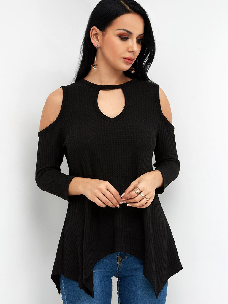 Crew Neck Cold Shoulder Cut Out 3/4 Sleeve Irregular Hem Black T-Shirts