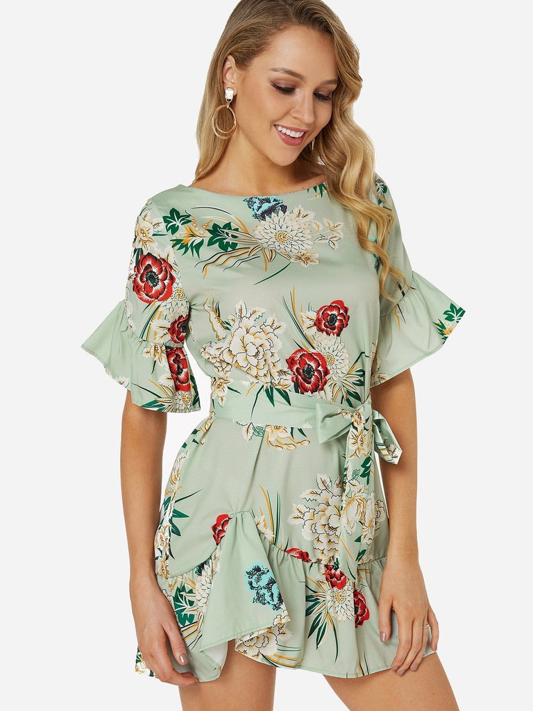 Round Neck Floral Print Lace-Up Pleated Belt Self-Tie Flounced Hem Mini Dress