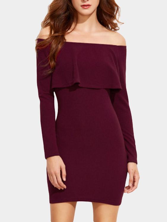 Burgundy Off The Shoulder Long Sleeve Zip Back Bodycon Mini Dress
