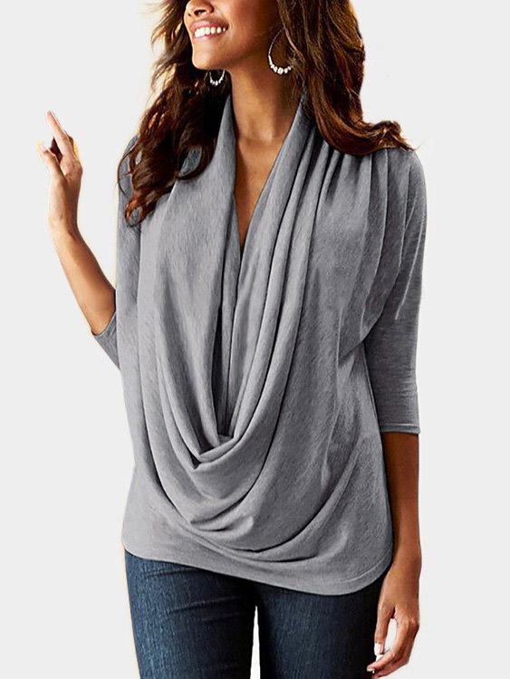 Drape Sagging Plain 3/4 Length Sleeve Grey T-Shirts