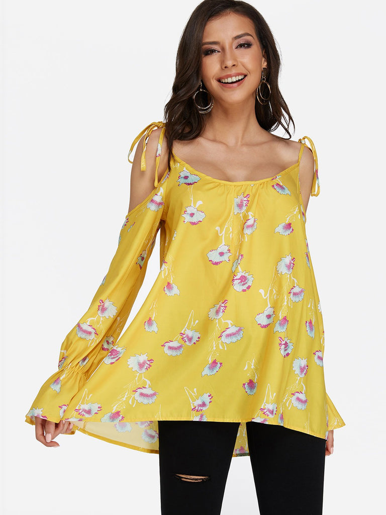 Scoop Neck Floral Print Long Sleeve Curved Hem Yellow Blouses