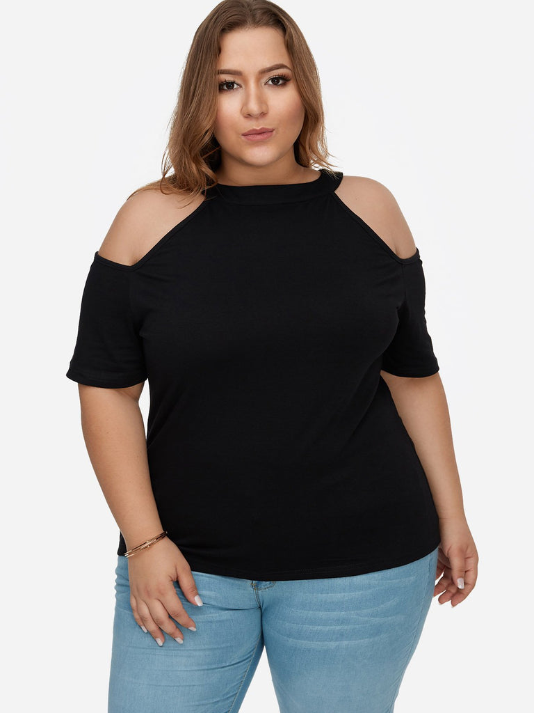 Round Neck Cold Shoulder Plain Cut Out Short Sleeve Black Plus Size Tops