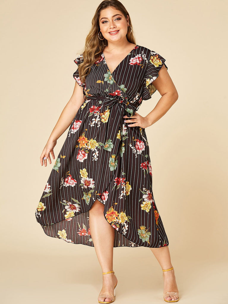 V-Neck Stripe Floral Print Self-Tie Wrap Short Sleeve Black Plus Size Dress