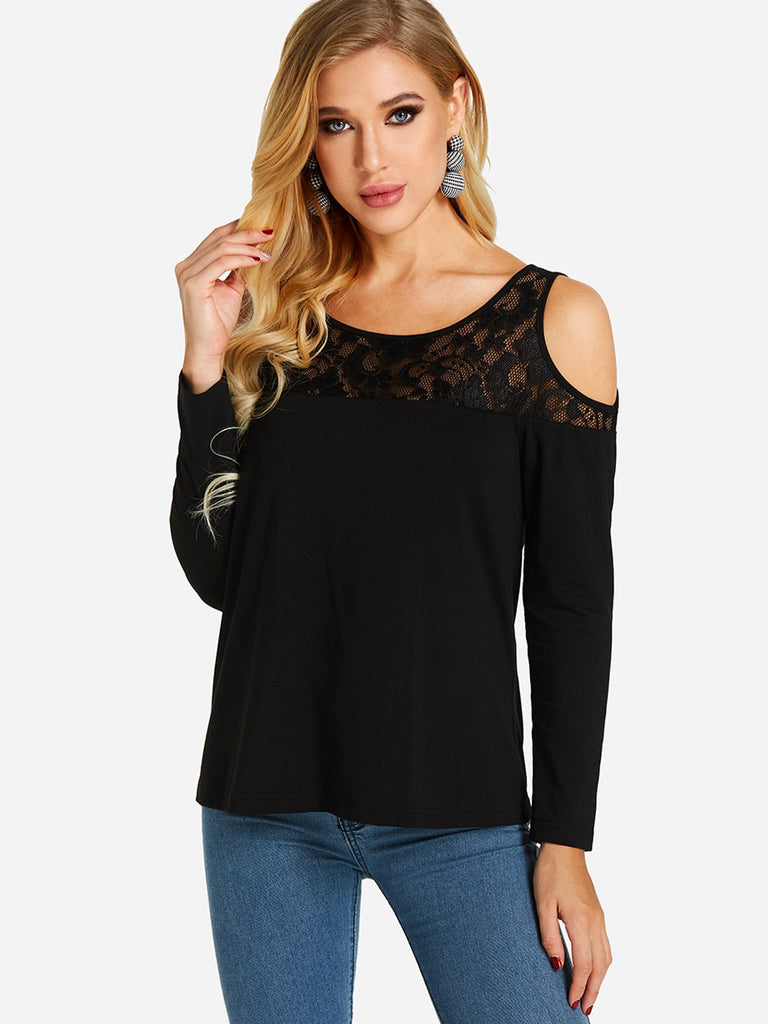 Cold Shoulder Lace Long Sleeve Black T-Shirts