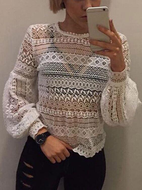 Round Neck Lace Hollow Long Sleeve White Blouses