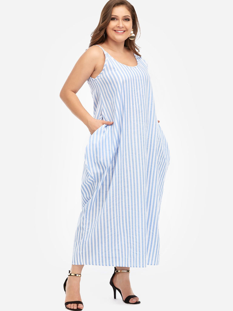 V-Neck Stripe Spaghetti Strap Sleeveless Plus Size Maxi Dresses